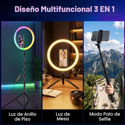 Vista 2 de Anillo de luz para selfie de 12 pulgadas con soporte para trípode extensible de 73 pulgadas: luces de escritorio para selfie PEYOU, luces de anillo