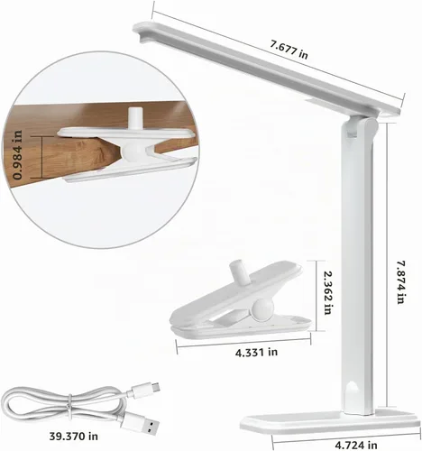 Vista 9 de Lámpara LED de escritorio, lámpara de mesa regulable, lámpara de lectura con clip y base intercambiables, 3 brillos regulables, pequeña lámpara