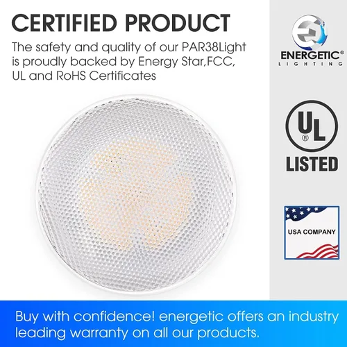 Vista 5 de Energetic Luz de inundación LED Par38 de 100W para exteriores, 1250lm, blanco cálido 3000K, regulable, base E26, bombilla spot impermeable, listado