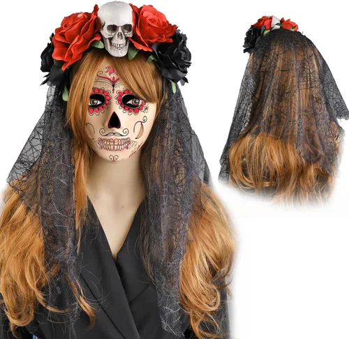 Vista 6 de HOWAF Diadema de Halloween, Día de los Muertos, tocado de rosa para festival, cosplay, diadema floral de Halloween, mujeres y adultos, accesorio