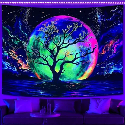 Vista 2 de Faxdong Tapiz de luna con luz negra, reactivo a los rayos UV, árbol lago, colorido estrellado, noche estrellada, galaxia, nubes espaciales, tapiz