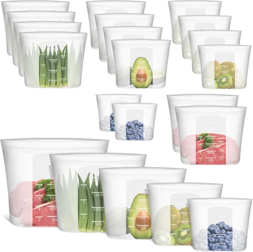Vista 15 de Bolsas de Alimentos Reutilizables, Paquete de 12 Bolsas de Almacenamiento de Alimentos 100% Silicona que se Mantienen de Pie con Cierre Hermético