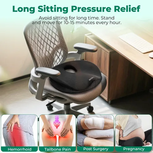 Vista 3 de SAHEYER Almohada de dona para el dolor de coxis, almohada de espuma viscoelástica para hemorroides para nervio ciático, cojín de asiento de ciática