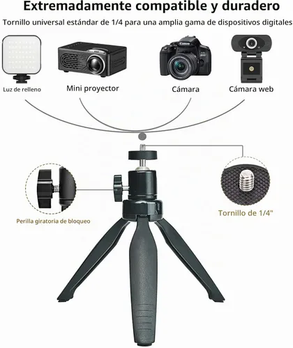 Vista 2 de Mini soporte de trípode de escritorio con cabeza esférica universal de 1/4 tornillo de 6.3 pulgadas para proyectores, cámaras DSLR, cámaras web