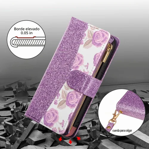 Vista 5 de UEEBAI Funda tipo cartera para iPhone 11 de 6.1 pulgadas, piel sintética con purpurina, cierre magnético, bolsillo con cremallera, ranuras