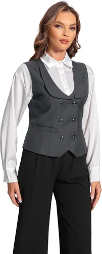 Vista 6 de Foucome Chaleco de doble botonadura para mujer, chaleco elegante con cuello de solapa