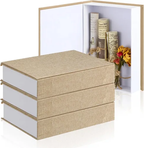 Vista 18 de Tioncy Caja de libros falsos de lino neutro, 3 piezas, decoración de imitación para decoración del hogar, estantes, mesa, tarjetas, fotos, regalo