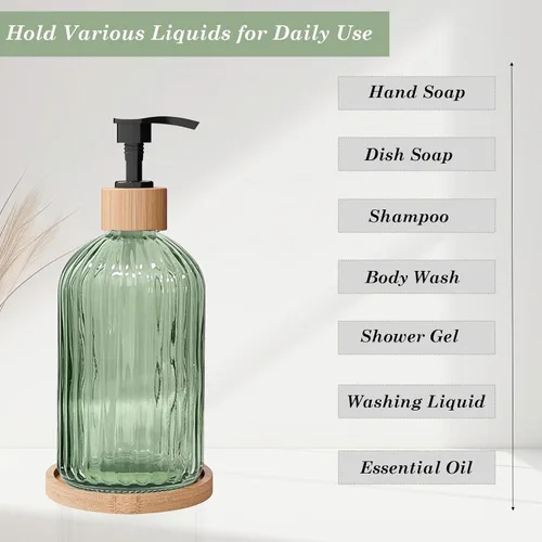 Vista 2 de Green Glass Soap Dispenser with with Bamboo Pumps & Tray, 140z Hand and Dish Soap Dispenser Bathroom Set, Vertical Stripe Bathroom Lotion Dispenser