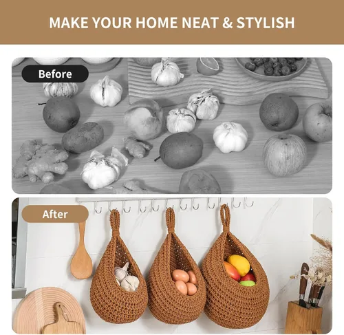 Vista 5 de Cestas de frutas bohemias para colgar en la pared para cocina, paquete de 3 soportes tejidos con 6 ganchos fuertes, cesta colgante de verduras