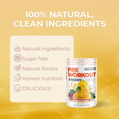 Vista 4 de About Time Preworkout Energy + Focus (sabores naturales, sin nerviosismo, sin gluten, baja estima) - Fruta de la pasión, 60 porciones 60 mg