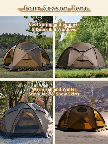 Vista 5 de TOMOUNT Tienda caliente de cúpula con estufa Jack 4 Persona Backpacking Carpa para 4 estaciones impermeable Glamping senderismo Marrón coyote
