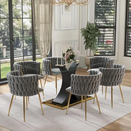 Vista 12 de Juego de comedor moderno de vidrio de lujo de 5 piezas, juego de cena rectangular minimalista grande para 4, juego de mesa de cocina de vidrio