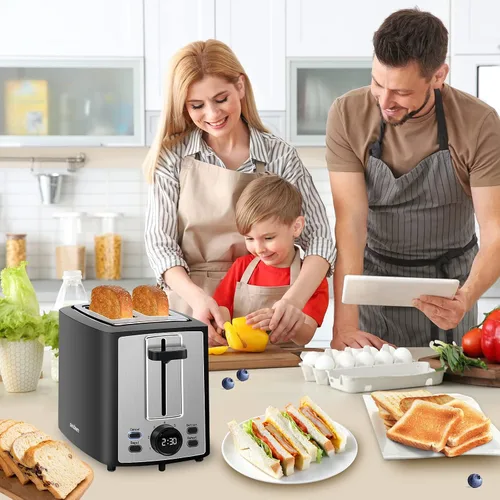 Vista 7 de SEEDEEM Tostadora de 2 rebanadas, tostadora de pan con pantalla LCD, 7 ajustes de sombra, tostadora de ranuras extra anchas de 1.4 pulgadas