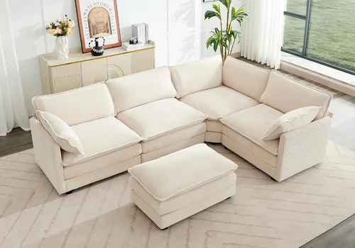 Vista 15 de ROWHY Sillón individual con otomano, sofá moderno de corduroy en forma de nube con chaise convertible, sofá tapizado para sala de estar, beige