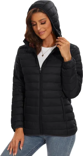 Vista 3 de MAGCOMSEN Chaqueta acolchada con capucha para mujer, ligera, acolchada, con 4 bolsillos, con cremallera, ropa cálida para invierno