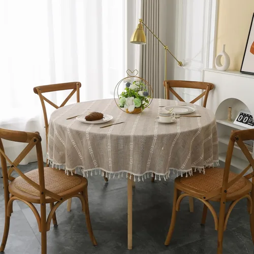 Vista 14 de Gernaice Mantel bordado de rayas rústicas con borlas cuadradas y pequeñas de algodón y lino, sin arrugas, lavable, para mesita de noche, café, Marrón