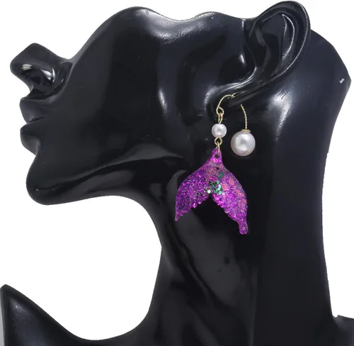 Vista 4 de Pendientes de cola de sirena con lentejuelas fantasía océano luz pendientes púrpura cola de pescado pendientes borla pendientes creativo gancho
