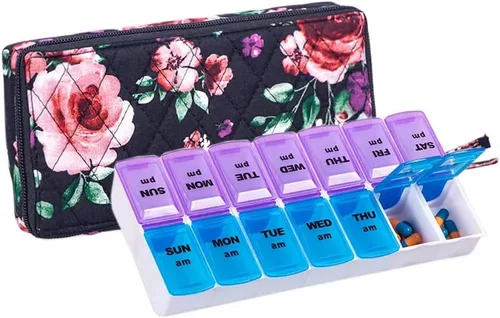 Vista 8 de Organizador Semanal de Pastillas 2 Veces al Día, Pastillero Zumd de 7 Días con Bonita Funda de Tela Acolchada con Cremallera, Estuche de Pastillas