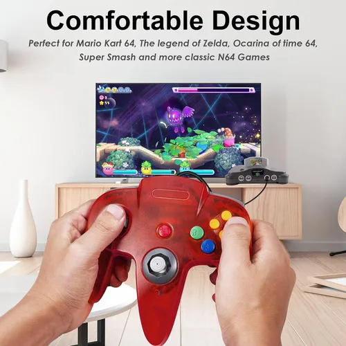 Vista 6 de KIWITATA 2 Pack Classic N64 Controller, Retro N64 Wired Remote Joystick Replacement Gamepad Controller for N64 System Video Games Console Clear Red
