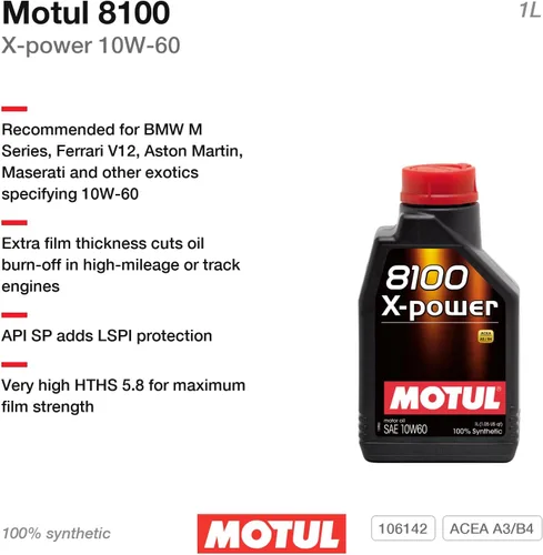 Vista 2 de Motul Aceite sintético para motor 106142 8100 10W60 X-Power - Acea A3/B4 1 litro, 33.81 onzas líquidas