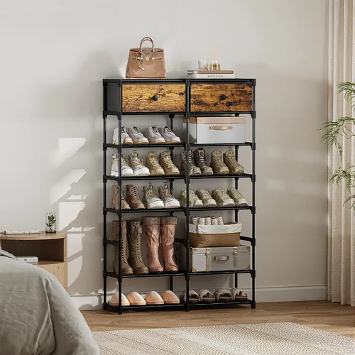 Vista 2 de Zapatero alto, organizador de zapatos de 8 niveles con 2 cajones grandes, almacenamiento de zapatos para 28-32 pares, estante de zapatos de metal