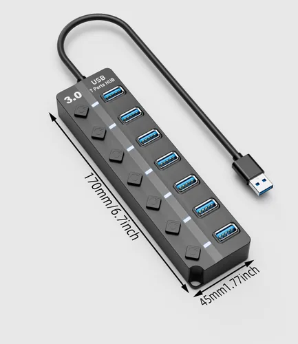 Vista 2 de Concentrador USB 3.0, concentrador USB Eanetf de 7 puertos con interruptores LED individuales de encendido/apagado y cable largo extendido
