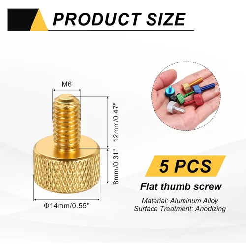 Vista 112 de MECCANIXITY 5 piezas M6x14mm Tornillos de pulgar estriado de cabeza plana, pernos de rosca completa de aleación de aluminio sólido para carcasas