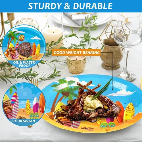 Vista 4 de Qyeahkj 50 piezas de platos de papel ovalados de surf de verano grandes de 11" para decoración de fiesta temática de playa desechable suministros