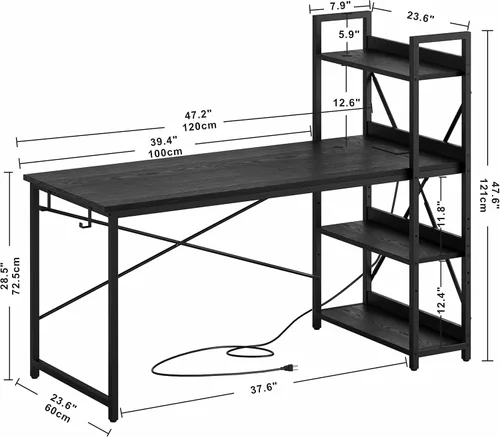 Vista 6 de Escritorio IRONCK para computadora de 47 pulgadas con toma de corriente y estantes de almacenamiento, mesa de estudio con estación de carga