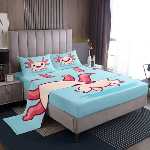 Vista 13 de Erosebridal Axolotl - Juego de ropa de cama tamaño individual, sábanas de ajolote de dibujos animados para mascotas, juego de sábanas