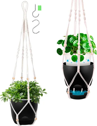 Vista 19 de Paquete de 2 macetas colgantes de riego automático de 7.2 pulgadas para plantas de interior y exterior, macetas colgantes de macramé de 34 pulgadas