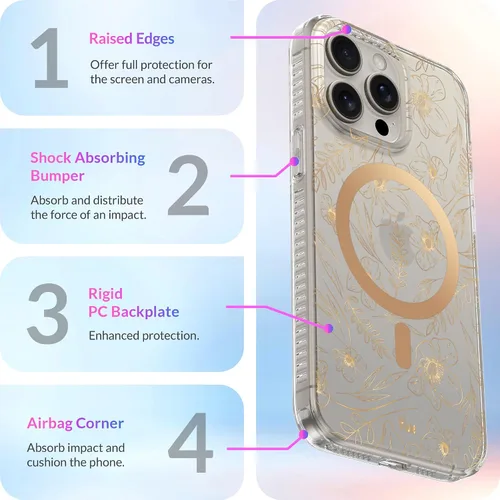 Vista 5 de LONLI Hue - para iPhone 15 Pro Max [Compatible con Magsafe] - Funda de teléfono floral dorada - [Amortiguador de 360°] - Funda de teléfono linda