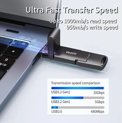 Vista 4 de Unidad externa SSD Vezzio USB Velocidad de hasta 1000 MB/s Pulgar, USB 3.2 Gen2+Tipo C SSD portátil de doble puerto, memoria USB para iPhone17, 16