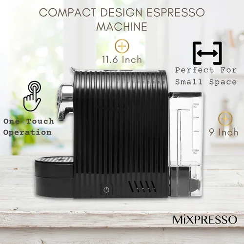Vista 2 de Mixpresso Cafetera espresso negra – Cafetera compacta de 1400 W de una sola porción compatible con cápsulas Nespresso OriginalLine, operación con un