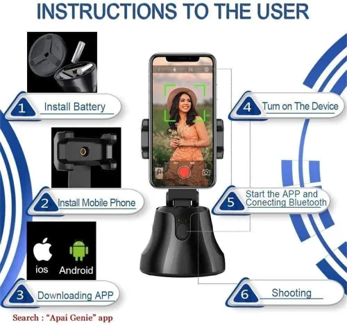 Vista 6 de Robo 360 Rotation Smart AI cardán, soporte de seguimiento automático de cara y objetos, 360° manos libres, fotos y grabación de video en vivo