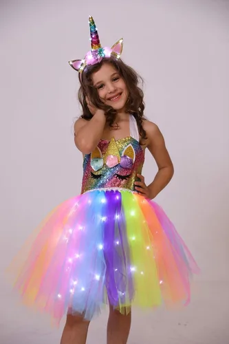 Vista 6 de Viyorshop Disfraz de unicornio para niña, vestido de tutú de unicornio con luz LED para disfraces de fiesta de Halloween