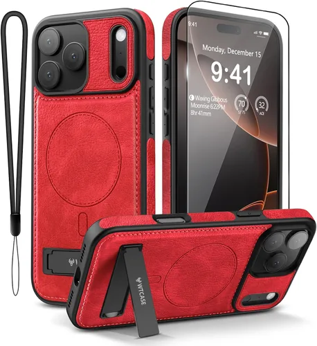 Vista 14 de WTCASE Funda magnética de piel para iPhone 17, soporte invisible integrado [compatible con Magsafe], funda protectora delgada con función atril