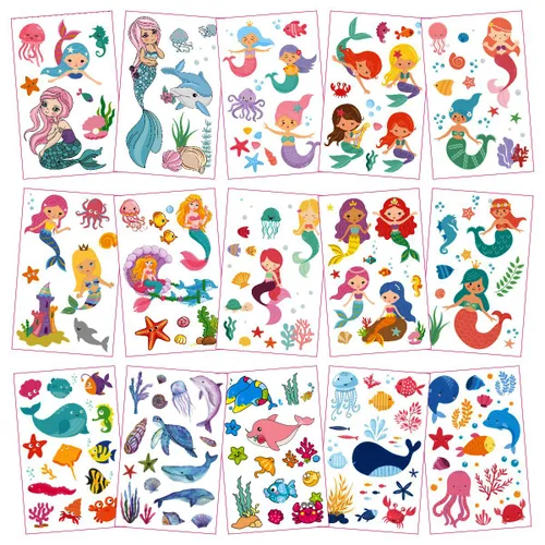 Vista 3 de 30 hojas (360 piezas) mariposas, sirena, animales marinos, tatuajes temporales impermeables para niños, tatuajes de dibujos animados de estilos