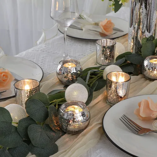 Vista 3 de DEVI Portavelas votivas plateadas, 24 unidades, candelabros para centros de mesa, candelabros de vidrio de mercurio para decoraciones de boda