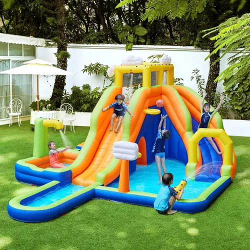 Vista 2 de Yaheetech - Casa inflable para rebotar, tobogán acuático estilo nubes arcoíris 10 en 1 Combo w/ 2 Pools & Large Climbing Wall & Tunnel, Double