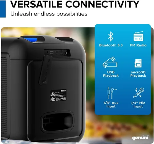Vista 4 de Gemini - Altavoz Bluetooth estilo caja para fiestas con luces LED, woofer de 6.5 pulgadas, micrófono inalámbrico, graves profundos, emparejamiento