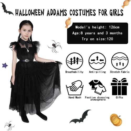 Vista 4 de Digi Halloween Wednesday Addams Costume Girls Dress,Halloween Birthday Cosplay Costumes for Kids 4-12 Years