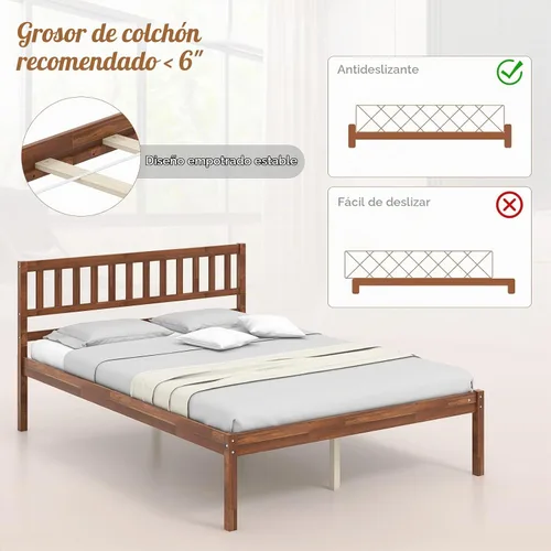 Vista 5 de KOMFOTT Base de cama de plataforma de madera de tamaño completo con cabecero, marco de cama de madera de mediados de siglo de 16 pulgadas