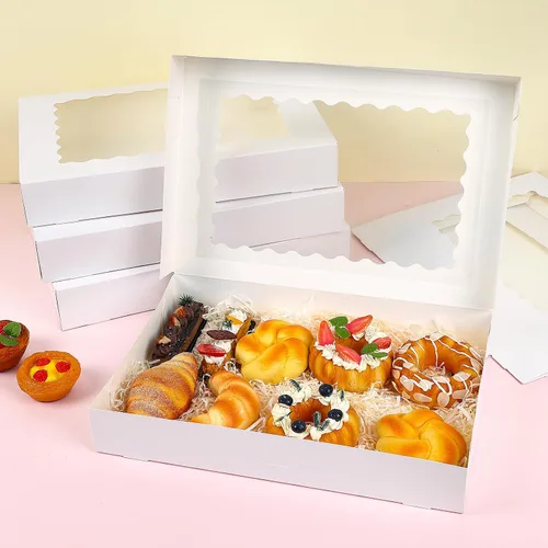Vista 4 de TOMNK 25 piezas Cajas para galletas con ventana, 16x11x2.5 pulgadas Cajas de panadería grandes con despliegue automático para golosinas, postres