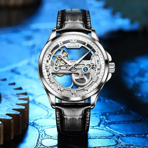 Vista 15 de OLEVS Relojes de esqueleto para hombre, automático, mecánico, de lujo, de cuero, impermeable, luminoso, reloj de pulsera para hombre