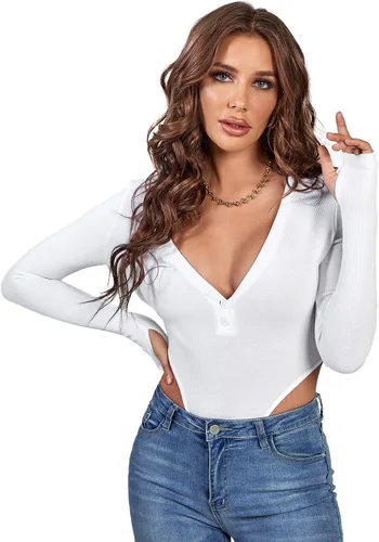 Vista 5 de LYANER Body de punto acanalado con cuello en V profundo y medio botón frontal de manga larga para mujer