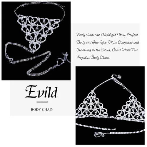 Vista 6 de Evild Cadena de cuerpo de cristal, brasier de bikini plateado, traje de cadena de playa, cintura de vientre, parte superior corta, ropa