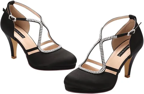 Vista 5 de ERIJUNOR Zapatos de boda nupciales de satén con plataforma y correa de tobillo para mujer