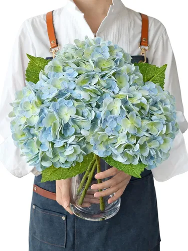 Vista 17 de JINWOE Hortensias artificiales de tacto real, 3 piezas de 21 pulgadas, flores de seda de látex real grandes, tallos largos, ramo de flores falsas