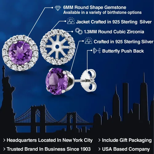 Vista 202 de Gem Stone King Aretes redondos de plata de ley 925 de 0.236 in con piedra natal extraíble para mujer